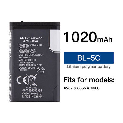 Baterias recarregáveis de telemóvel BL-5C Liion para Nokia 6600 6230 3650 E50 N70 1100 6268 E70 3.7V 1020mAh